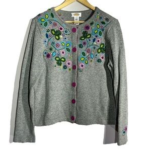 Talbots Long Sleeve Gray Sweater With Colorful Floral Embroidery Size L